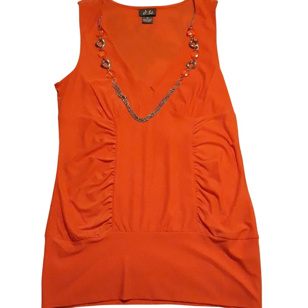 Dots Orange V-Neck‎ Sleeveless Ruched Top with Detachable Necklace Size Medium
